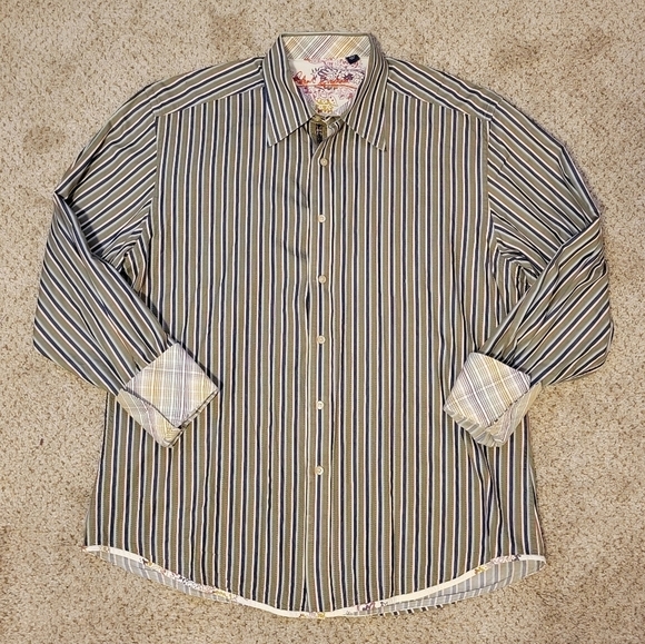 Robert Graham Men's 2XL Flip Cuff Button Down Embroidered Stripe Shirt Collar - Picture 12 of 13